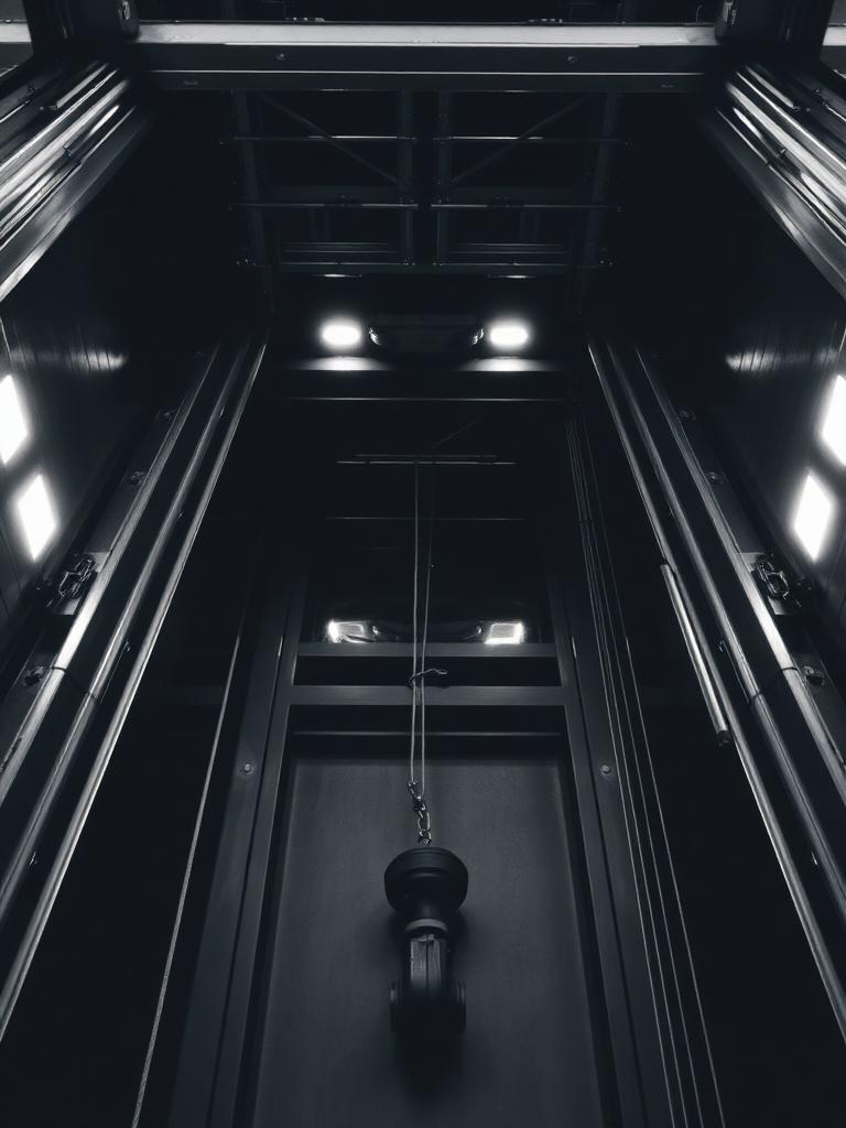 Interior of a lift shaft showing guide rails and counterweight